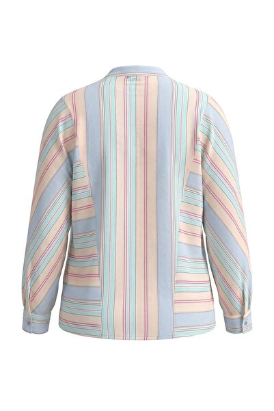 Trendyol Curve Blue-Multicolor Transparent Striped Oversized Shirt Tbbaw27Ax0...