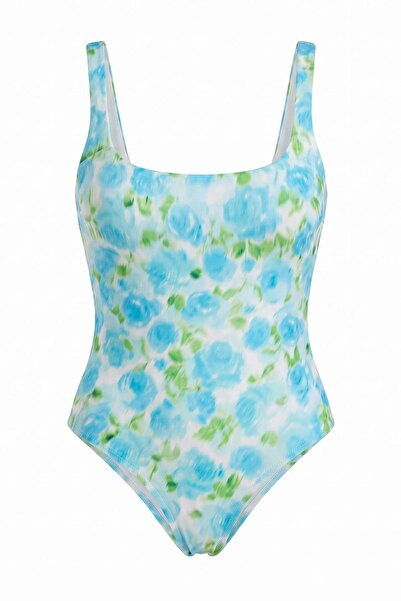 Trendyol Collection White-Multicolor Plain Square Raschel Sleeveless Swimsuit...