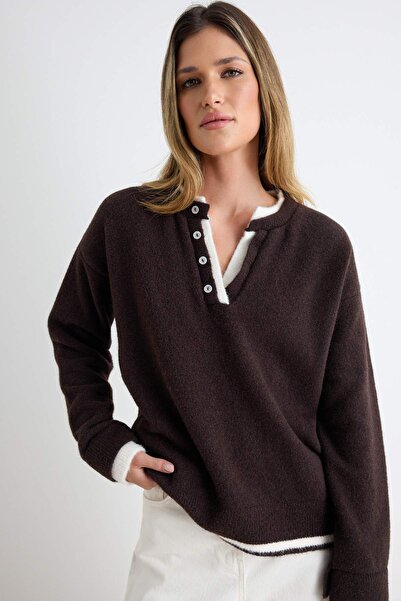 Trendyol Collection Brown Soft Textured Color Block Oversize Knitwear Sweater...