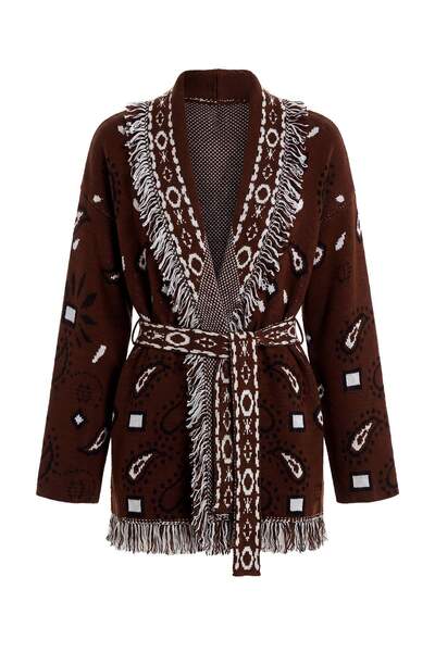 Trendyol Collection Brown Oversized Shawl Collar Ethnic Patterned Belted Knit...