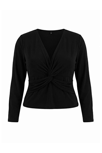 Trendyol Curve Black Deep V-Neck Gathered Sandy Knitted Plus Size Blouse Tbba...