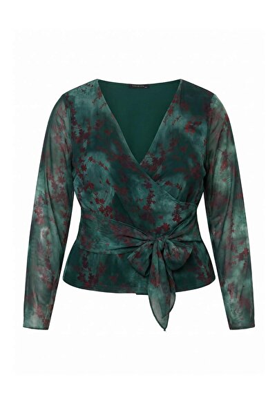 Trendyol Curve Khaki Abstract Floral Wrap Fitted/Tight-Fitting Tulle Knitted ...