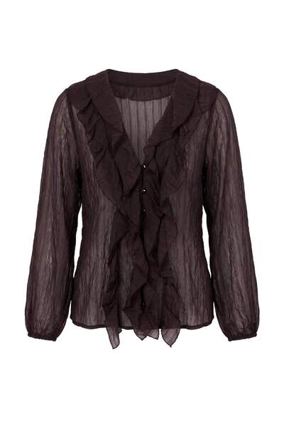 Drop by TrendyolMilla Brown Line Patterned Collar and Placket Flounce Detaile...