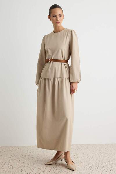 Trendyol Modest Stone Suede Belted Skirt Layered Maxi Woven Dress Tctss26Eb00035