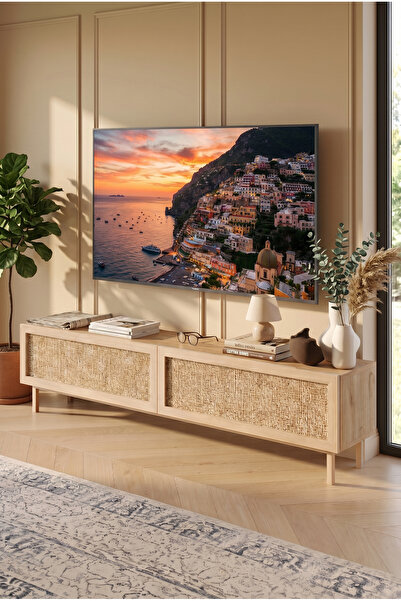 Yurudesign Future Tv Ünitesi Sehpası Ahşap Ayaklı Ahşap Jüt Kapaklı 180cm Sep...