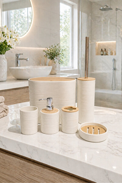 MAKRİ HOME 6 Parça Krem Banyo Seti, Bambu Detaylı, 8L Çöp Kovası 24x26x16 cm