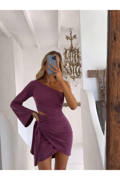 Modafeminen Asimetrik Kesim Eteği Bağlamalı İthal Krep Kumaş Tek Kol Elbise 5...