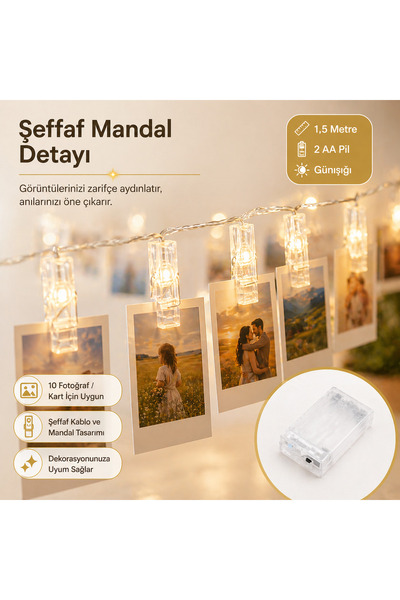 ORİJİNALDÜKKAN 1,5 metre Pilli Led Işıklı Fotoğraf Mandalları Animasyonlu Çocuk Bebek Odası Aydınlatma Organizasyon