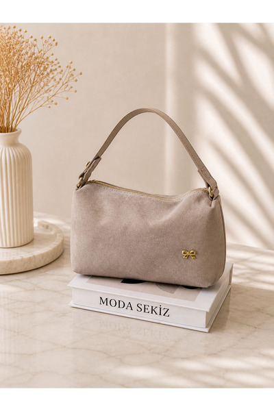 Moda Sekiz Γυναικεία τσάντα χειρός και ώμου σε μπεζ σουέντ μεγάλου μεγέθους μ...