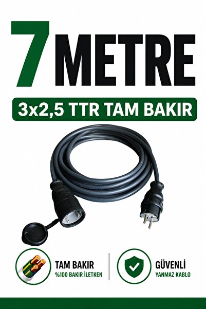 Aryes 7 Metre 3x2,5 TTR Tam Bakır Uzatma Kablosu Kauçuk Fişli 16A Güçlü Dayan...