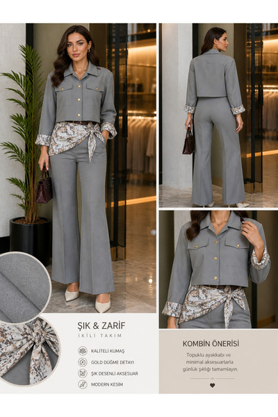 lady istanbul Quzu Bej Fular Detaylı Crop Ceket ve Pantolon Takım – Şık Kadın...
