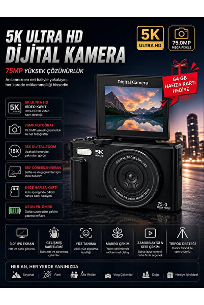 Vothoon 5K 75MP 18X Zoom Flaşlı 3” Flip Ekranlı Türkçe 64GB Kart Dijital Vlog...