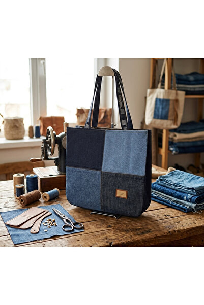 MAVİCENZA Kadın Denim Patchwork El Yapımı Özel Tasarım Büyük Boy Tote Omuz Ça...