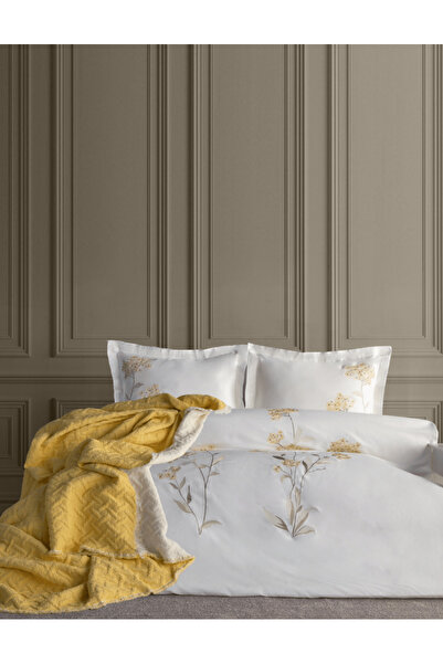 Dantela Lavinya Embroidered Cotton Satin Duvet Cover & Bedspread Set - Yellow
