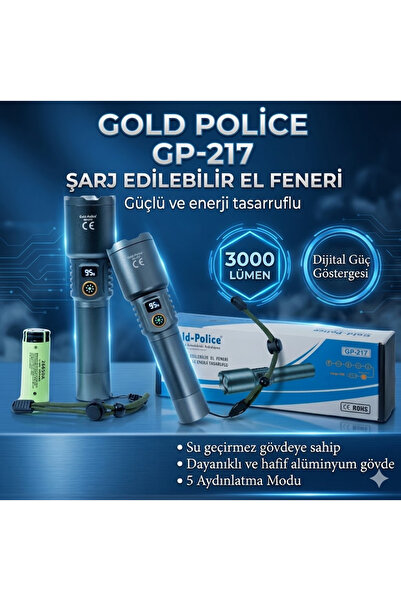 Gold Police Uzun Menzilli Şarjlı El Feneri Dijital LED Şarj Göstergeli 3000 L...