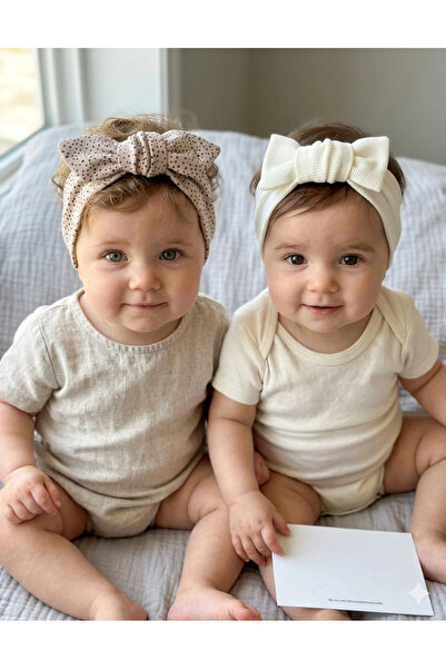 swan butik Kız Bebek Çocuk Bandana Toka Seti 2li Benekli Bej Krem Ribana