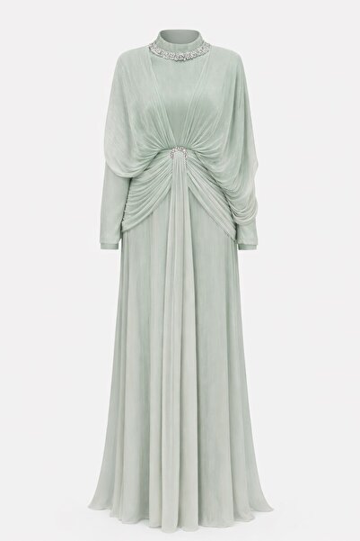 Olcay Yoryo Seiden-Tesettür-Abendkleid mit Stein- und Volon-Details HELLGRÜN ...
