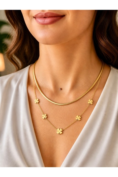 VEGALUXE 2-Piece Gold Combination Necklace – Italian Fig & Clover Figured Nec...