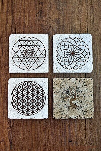 Begoloni Stone Decor Doğal Taş Bardak Altlığı Uv Baskılı 4'lü Set - Hayat Ağa...