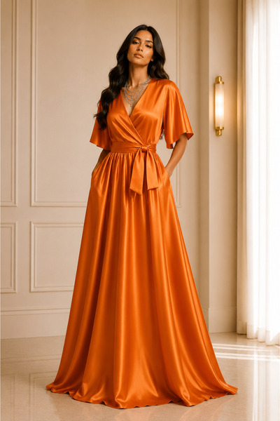 UNTIMELY Double-Breasted Maxi Satin Stylish Dress with Closure & Belt