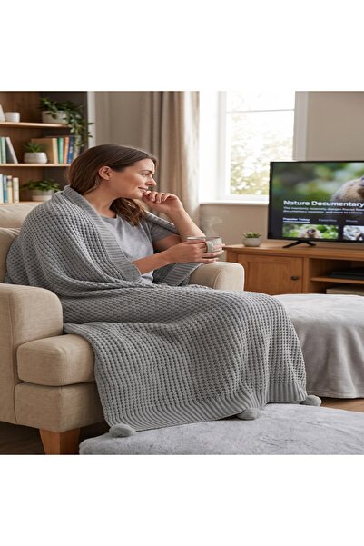 DOUX HOME Solun 10 Pompom pletena deka za TV 130 X 170 cm SIVA