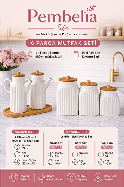 Pembelia Life 2’li Set 6 Parça Bambu Standlı Prizma 1000ml Porselen Yağdanlık...