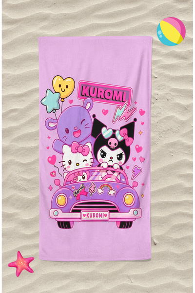 Erays Home Kuromi Renkli Desenli Dijital Baskılı Kız Çocuk Plaj Havlusu Pamuk...