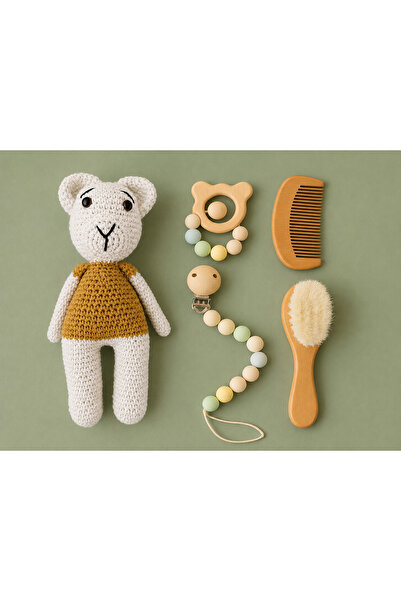 balımbebe Organik Bebek Hediye Seti (Amigurumi Oyuncak, Emzik Askısı, Diş Kaş...