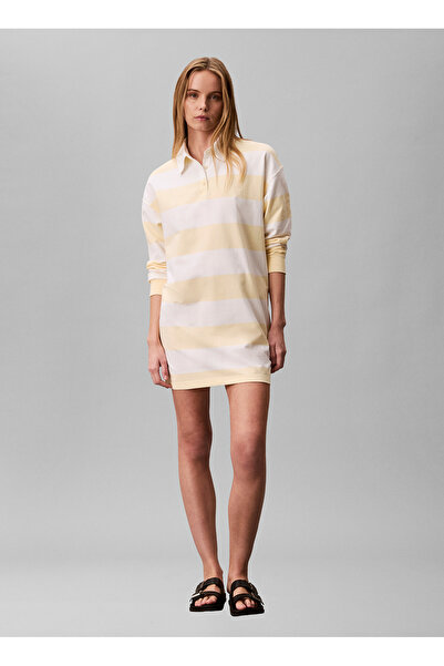 Calvin Klein Jeans Sarı Kadın Elbise LS VARSITY STRIPE MINI POLO DRES