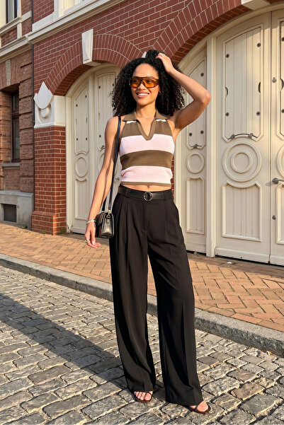 macharel jeans Women's High Waist Belted Wide Leg Palazzo Black Trousers