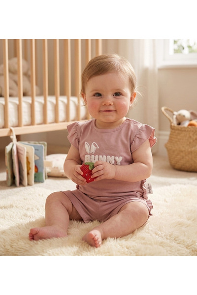 minitix 🐰 Baby Girl Bunny Embossed Cotton T-Shirt & Ruffle Shorts Set