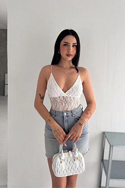 MİROR Women's White Lace Strap Bodysuit with Snap Fasteners