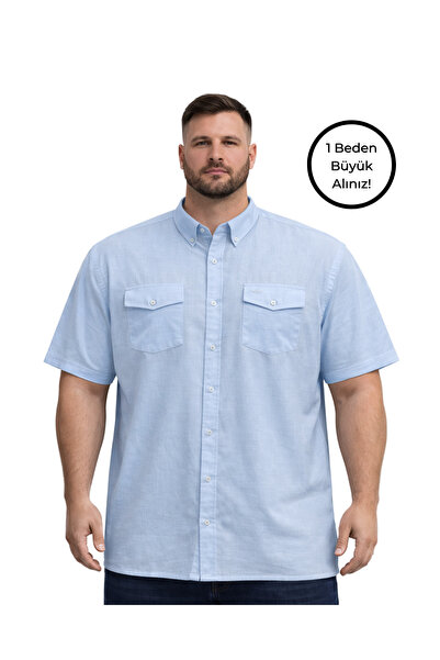 BattalModa Erkek Büyük Beden Havacı Çift Cepli Kısa Kollu Gömlek 3XL-4XL-5XL-...