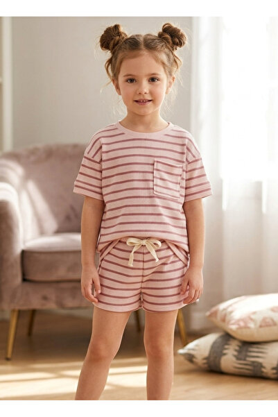 TYYLİ Pink Striped Girls T-Shirt Shorts Summer Set