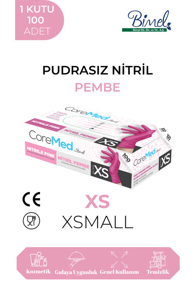 COREMED Pembe Nitril Muayene Eldiveni Pudrasız 100'lü Paket -XSmall