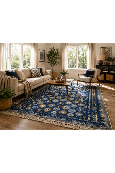 OEM Covor tradițional, dimensiune 200 x 300 cm, albastru și crem, model rustic