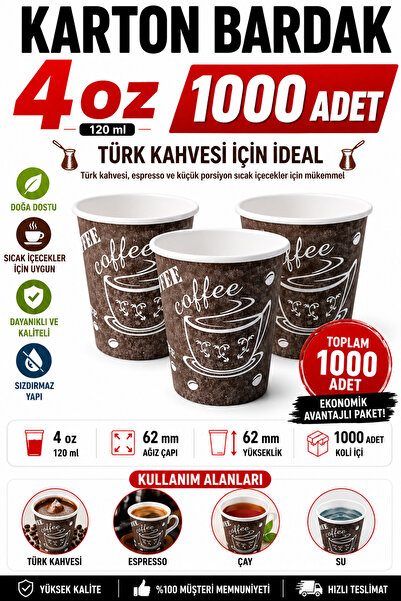 Kullanatsepetim 4 Oz Karton Bardak 1000 Adet Küçük Boy (TÜRK KAHVESİ,ESPRESSO...