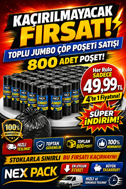 nex pack 80 RULO Endüstriyel Jumbo Boy Çöp Torbası – Kalın 300GR – 80x110 Büy...