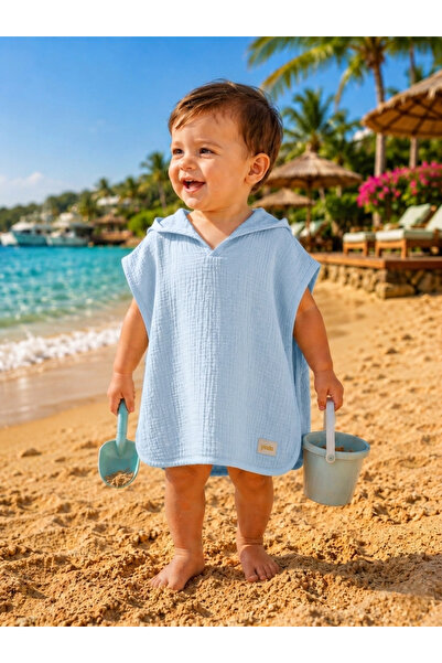 100% Cotton Muslin Hooded Baby & Kids Poncho Bathrobe, Beach Towel (BLUE COLOR)