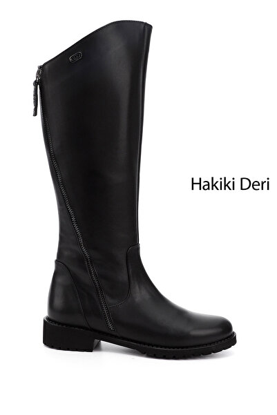 GÖNDERİ(R) Kadın Siyah Çift Fermuarlı Kauçuk Taban Hakiki Deri Çizme