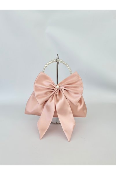 posst bag Powder Shiny Satin Bowknot Pearl Clutch Evening Dress Handbag