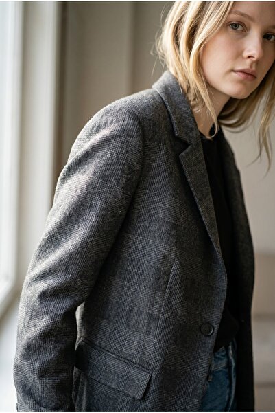 the blazer obsessed Kadın Lacivert Yeşil Ekose Yün Karışımlı Blazer Ceket