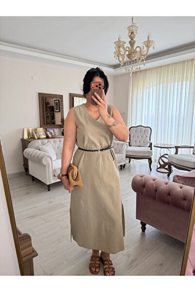 bussrabutik V-Neck Belted Linen Cotton Slit Dress