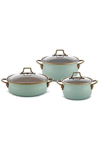 Bonera Emaye Vintage Güveç 6 Parça Tencere Seti 16-20-22 cm - Su Yeşili - Granit İç Kaplama
