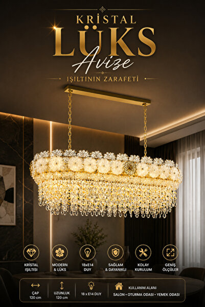 Elvora Home Modern (PREMİUM) Kristal Sarkıt Avize Şık Salon Mutfak Aydınlatma...