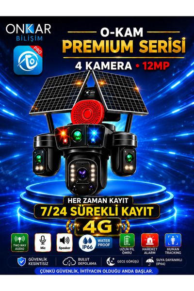 Onkar Bilişim OKAM PRO PREMİUM 4G-336 4 KAMERALI 7/24 KAYIT SİM KARTLI GÜNEŞ ...