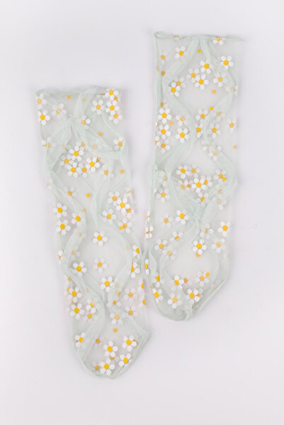 Le Mabelle Green Daisy Patterned Girl's Tulle Socks