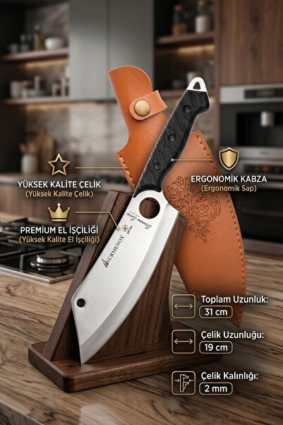SÜRMENOX Sürmene Serisi Action Mutfak Şef Bıçağı Siyah Verzalit Sap Kamp Outdoor Bıçak Deri Kılıflı HDS-2537