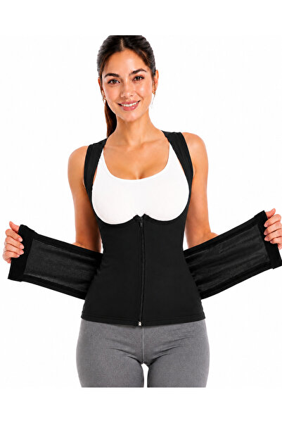 Kadın Termal Sauna Korsesi – Terletici Fermuarlı Bel ve Karın Şekillendirici Spor Korse