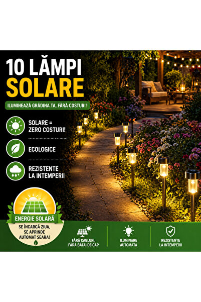 SMARTECH Set 10 lămpi solare de grădină, iluminare LED, IP44 pentru alei, ter...